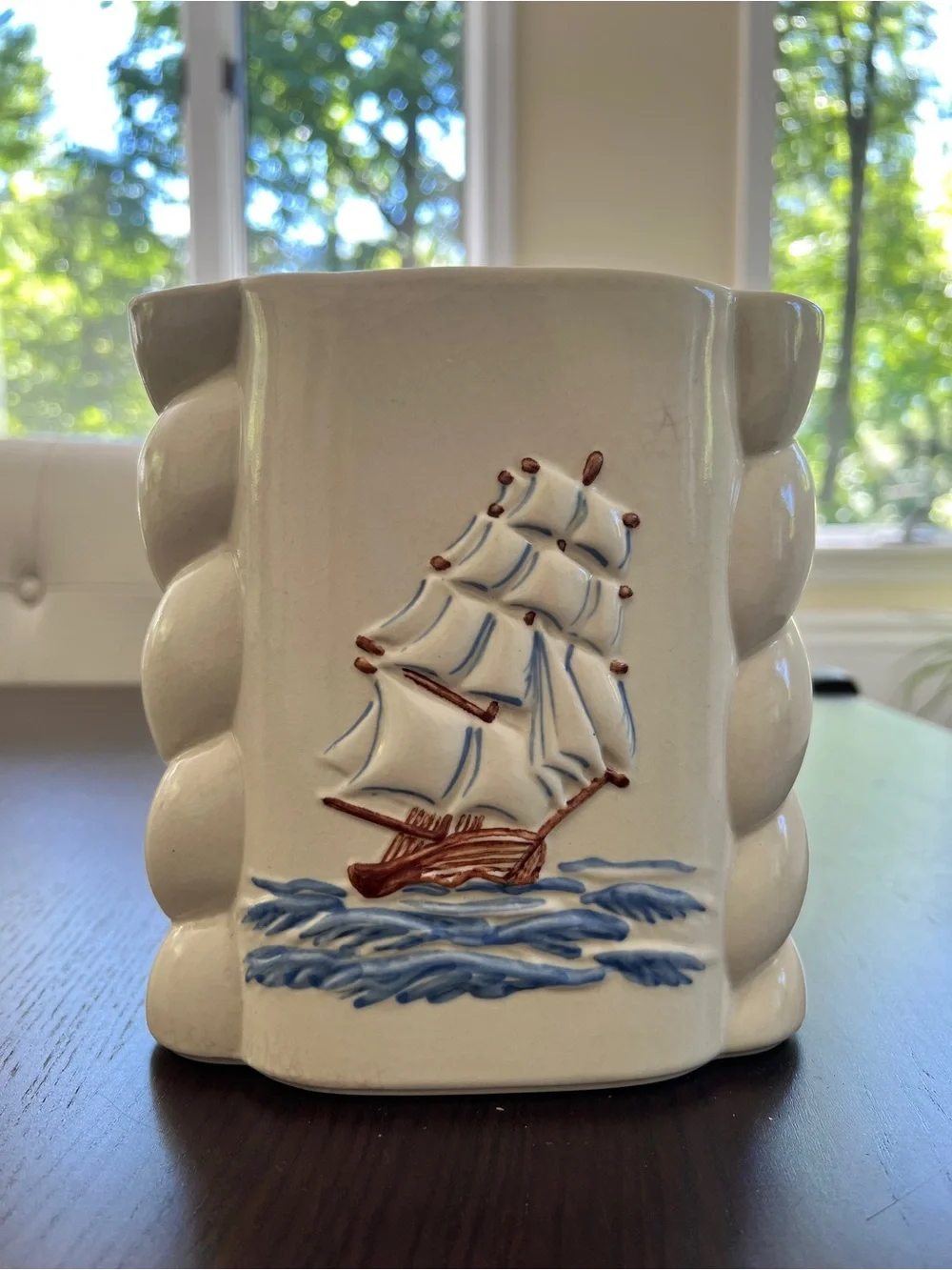Abingdon Clipper Ship Pottery Vase with Sailboat - White with Blue Nautical